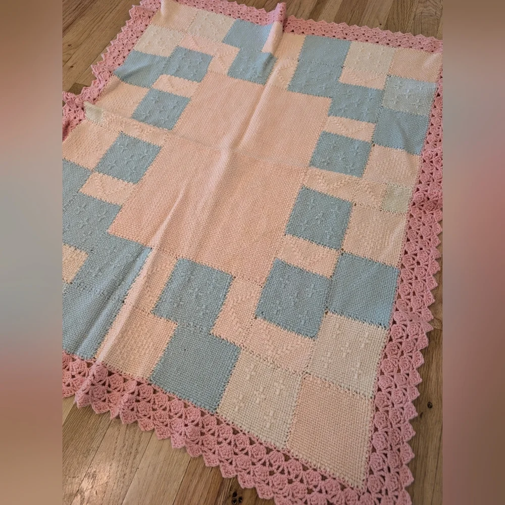 Vtg Handmade Baby Blanket Knit Crochet Square Pink Peach Blue Nursery Lace